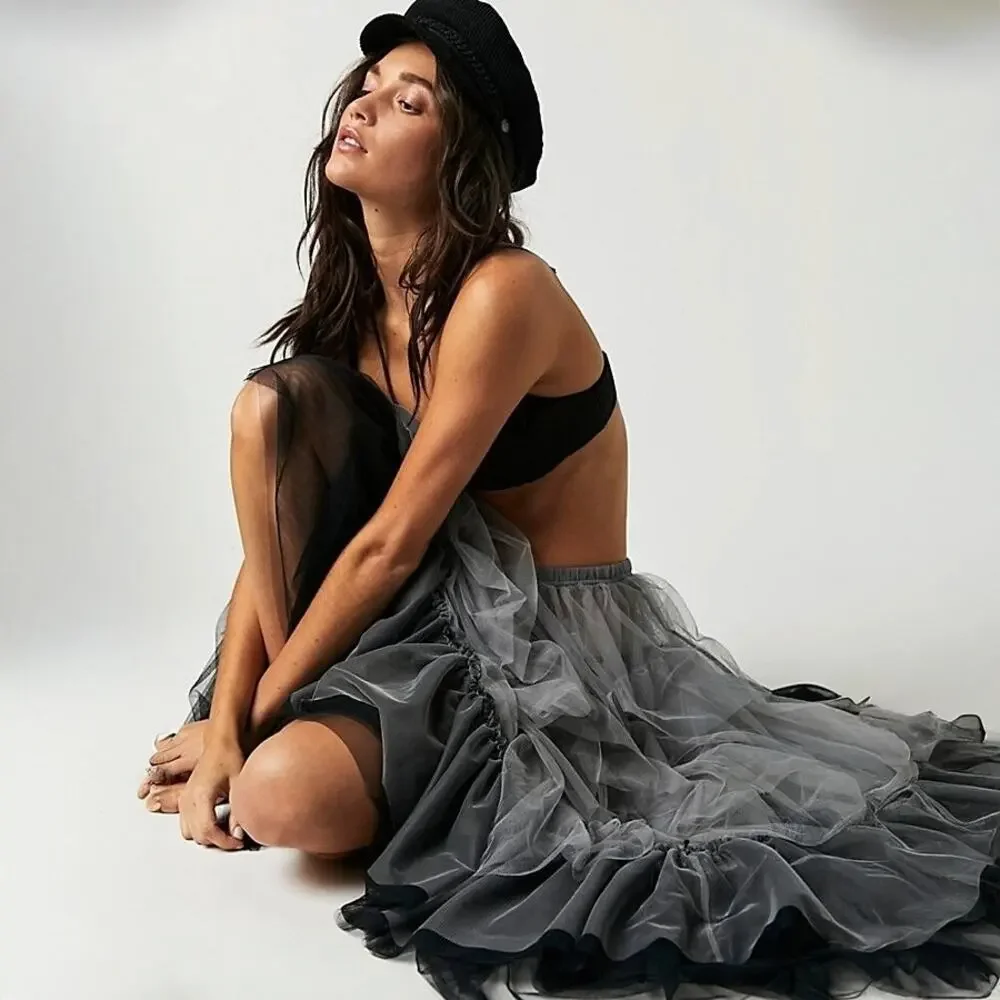 Free People Tulle Tiered Maxi Slip Skirt SIZE L Black Combo Layered Romantic